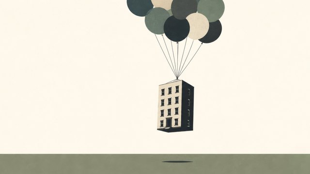 An illustration of a small apartment building floating away on a bunch of balloons