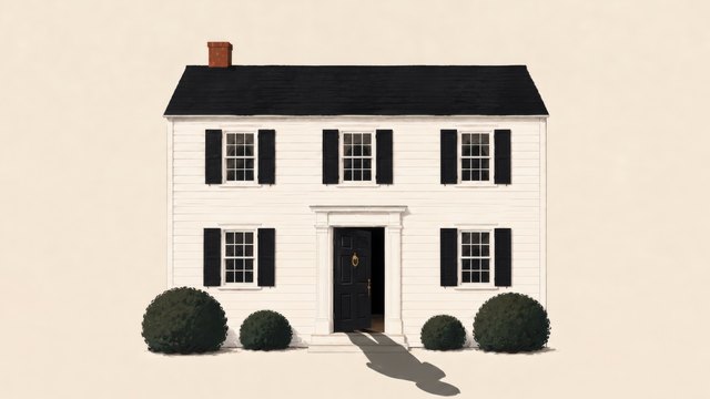 An illustration of a lone white colonial house on a blank background